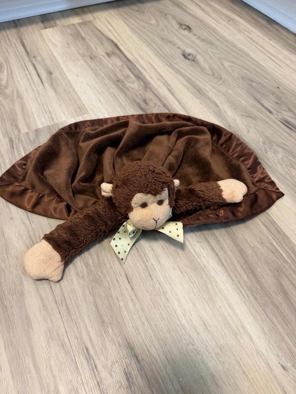 Bearington Baby Brown Monkey Blanket Lovey Plush Polka Dots Bow Satin Trim 12 in